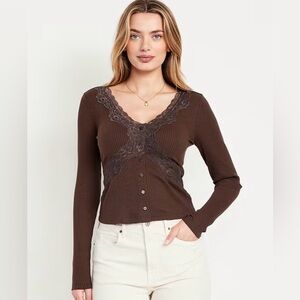 Old Navy•Lace-Trim V-Neck Ribbed Top•Size S•NWT